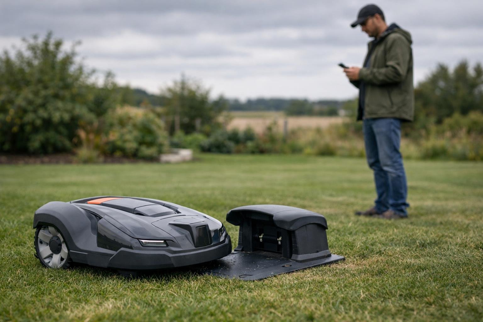 Mähroboter steht regungslos im Garten neben der Ladestation