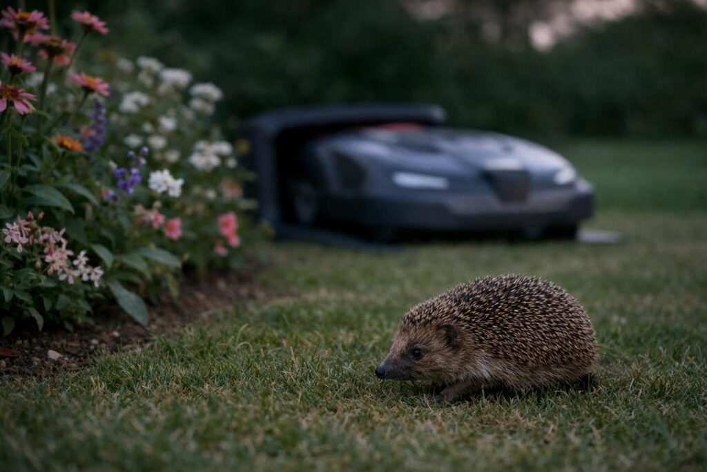 Igel läuft in der Dämmerung über den Rasen, der Mähroboter steht in der Ladestation