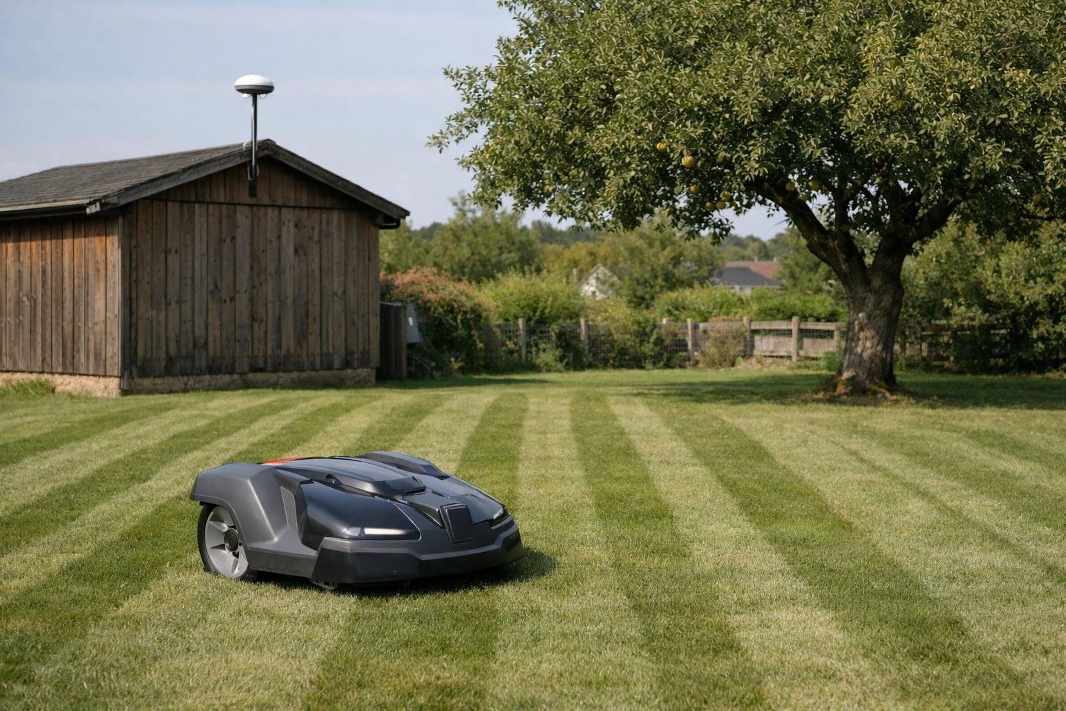 Mähroboter fährt in Bahnen über den Rasen, im Hintergrund eine Referenzantenne am Gartenhaus