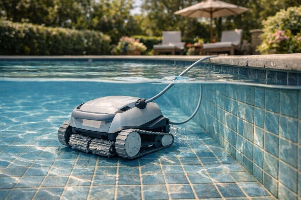 Poolroboter reinigt den Boden eines privaten Schwimmbeckens im Garten