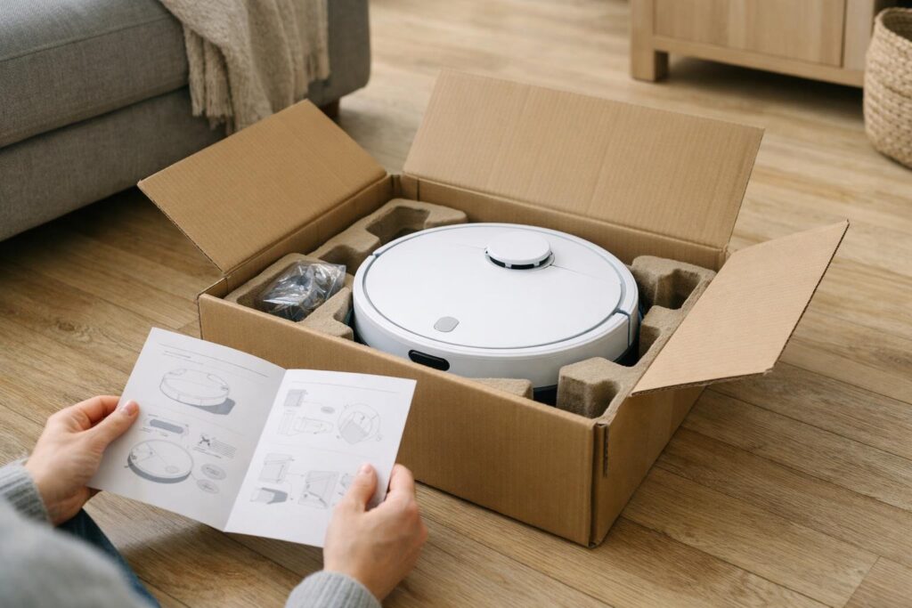 Ausgepackter Saugroboter mit Paket und Anleitung im Wohnzimmer