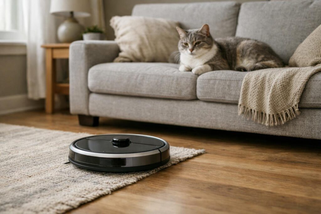 Saugroboter fährt am Teppich vorbei, eine Katze schaut zu