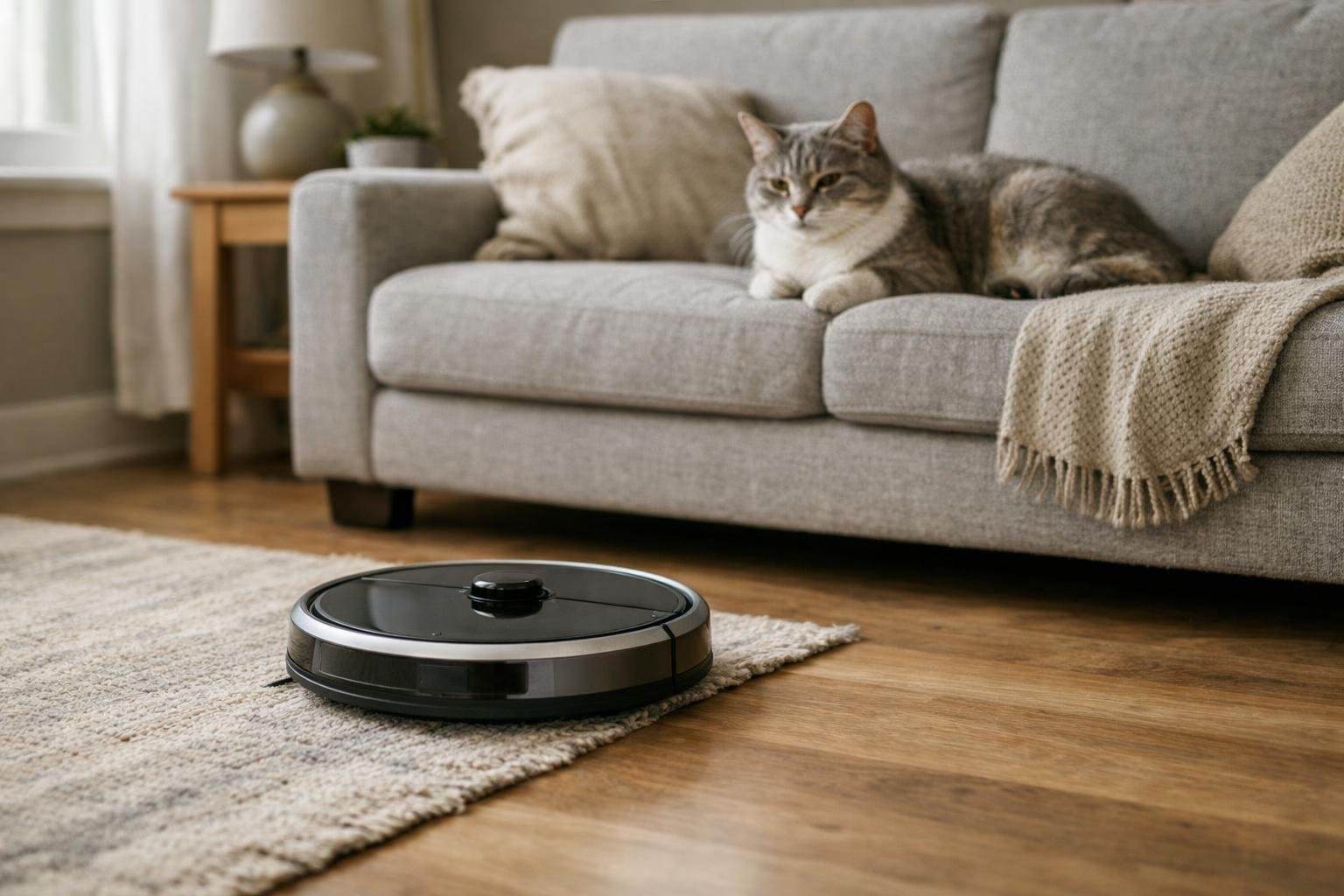 Saugroboter fährt am Teppich vorbei, eine Katze schaut zu