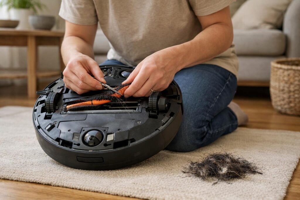 Hauptbürste eines Saugroboters wird von Haaren befreit